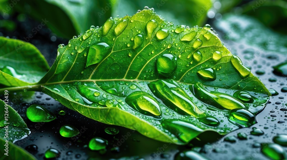 Poster close-up of green leaves with water droplets on dark background featuring copy space for text placem