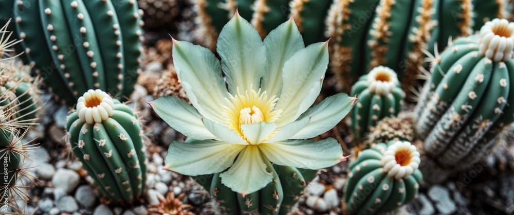 Poster cacti surrounded by various species featuring a blooming yellow flower in a desert garden setting wi