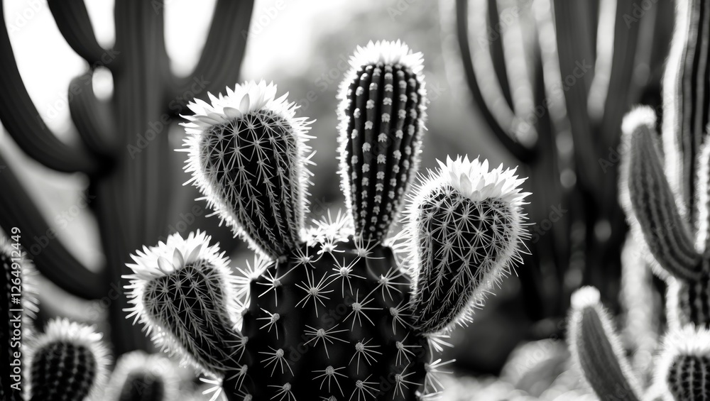 Aufkleber Black and white close-up of various cacti with distinctive spines and blooms against a blurred background with Copy Space