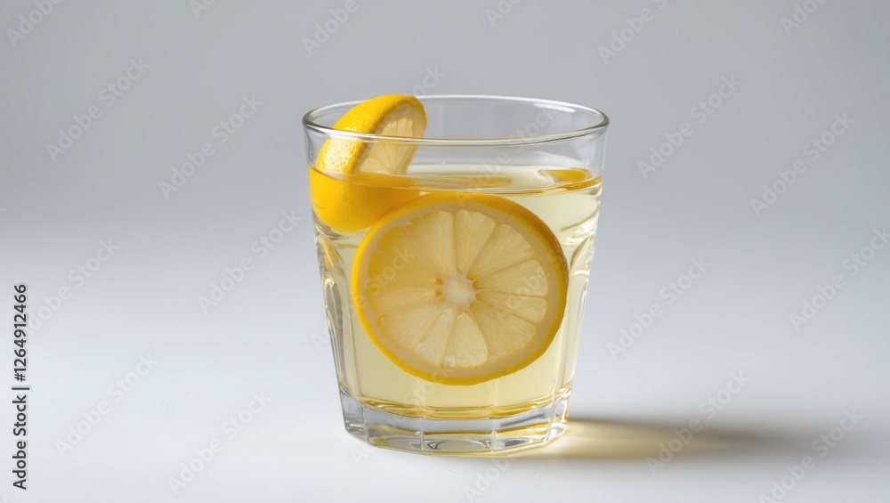 Poster lemonade in a glass with lemon slices on the rim and in the drink on a neutral background copy space