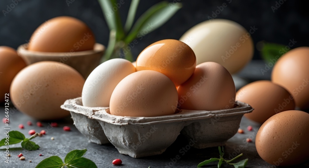 Aufkleber variety of fresh eggs in an egg carton surrounded by greenery and small colorful seeds on a dark bac