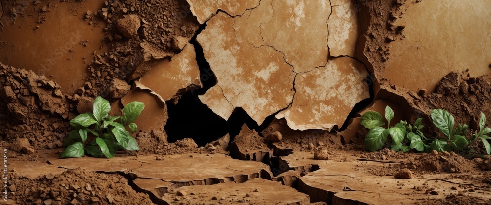 Poster cracked earth with soil and small green plants emerging from the ground showcasing a natural texture