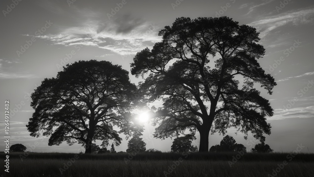 Poster silhouetted trees against a sunset sky in black and white with a dramatic contrast and copy space fo