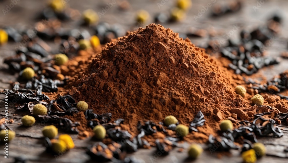 Poster cocoa powder heap on dark wooden surface surrounded by dried tea leaves and spices with selective fo