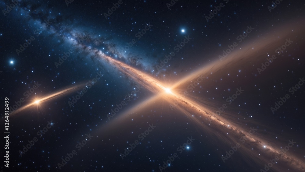 Poster galactic collision in deep space featuring vibrant cosmic dust and star formations with bright light