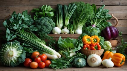 Fresh assorted vegetables including broccoli, bell peppers, tomatoes, and greens arranged on wooden surface with natural lighting and Copy Space.