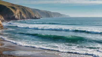 Coastal landscape with waves crashing on shore, cliffs in the background, clear blue sky, and serene ocean view, Copy Space - obrazy, fototapety, plakaty
