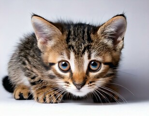 A fearful kitten gazes at something cautiously. A timid little cat crouches down, displaying nervous or scared body language. We just adopted it, representing our new pet concept. It's a 3-month image