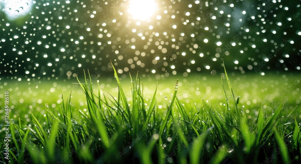 Poster Dew drops on green grass with sunlight shining through a blurred background creating a bokeh effect Copy Space
