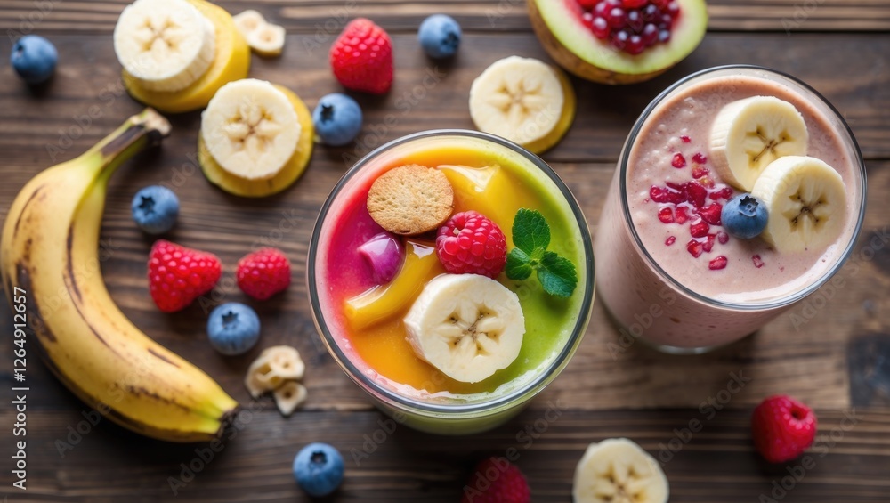 Poster assorted fruit smoothies and dessert cups garnished with fresh fruits and cookies on a wooden table 