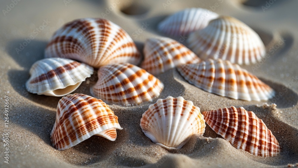 Aufkleber Close-up view of various seashells on sandy beach surface with textured patterns and colors natural lighting Copy Space