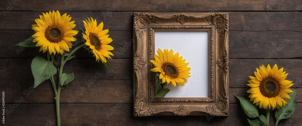 Aufkleber sunflowers arranged next to an empty ornate picture frame on a wooden background with copy space for