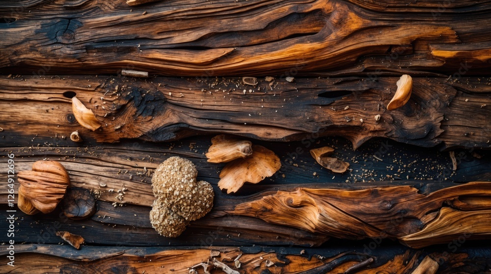 Poster wooden surface with rustic texture and assorted natural items including mushrooms and dried leaves c