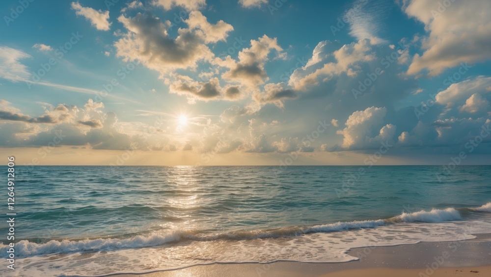 Poster sunset over calm ocean waves with clouds in a blue sky and sandy beach foreground ideal for serene c