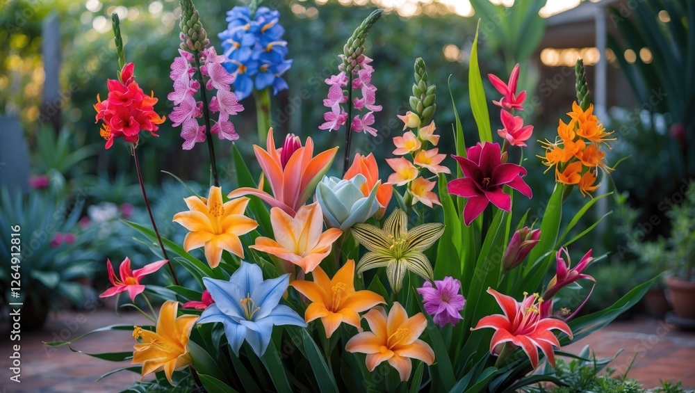 Poster colorful arrangement of various flowers in a lush garden setting with greenery and a soft background