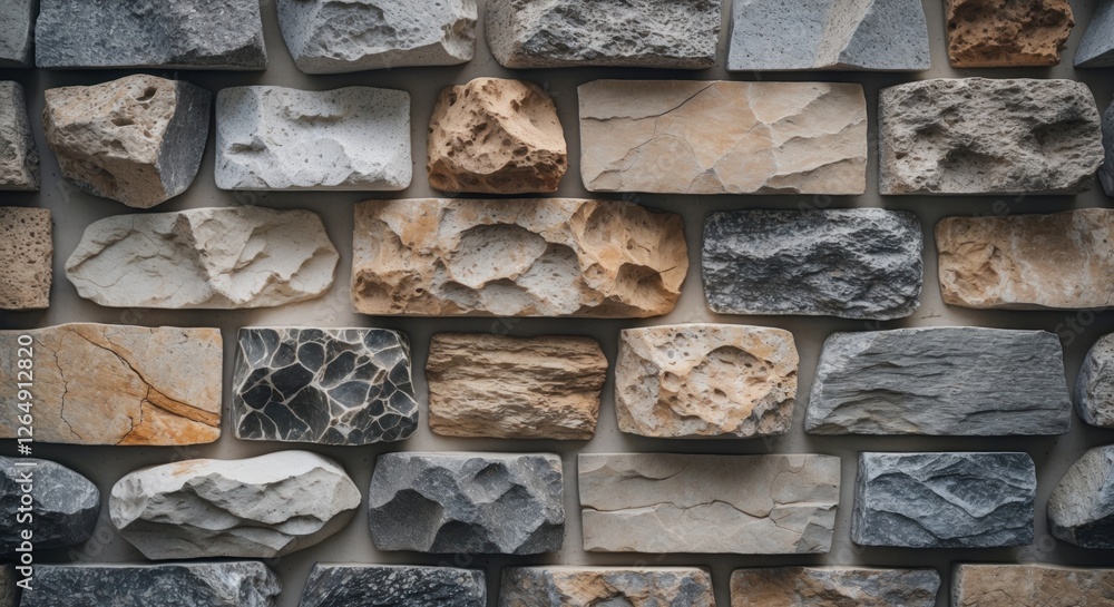 Poster textured pattern of various natural stone bricks arranged in a wall formation with earthy tones and 
