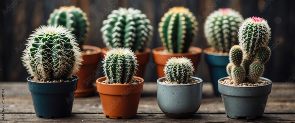 Poster various colorful potted cacti arranged on a rustic wooden table with natural light and dark backgrou
