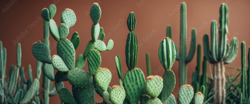 Poster cacti variety with diverse shapes and sizes against a warm brown background showcasing green texture