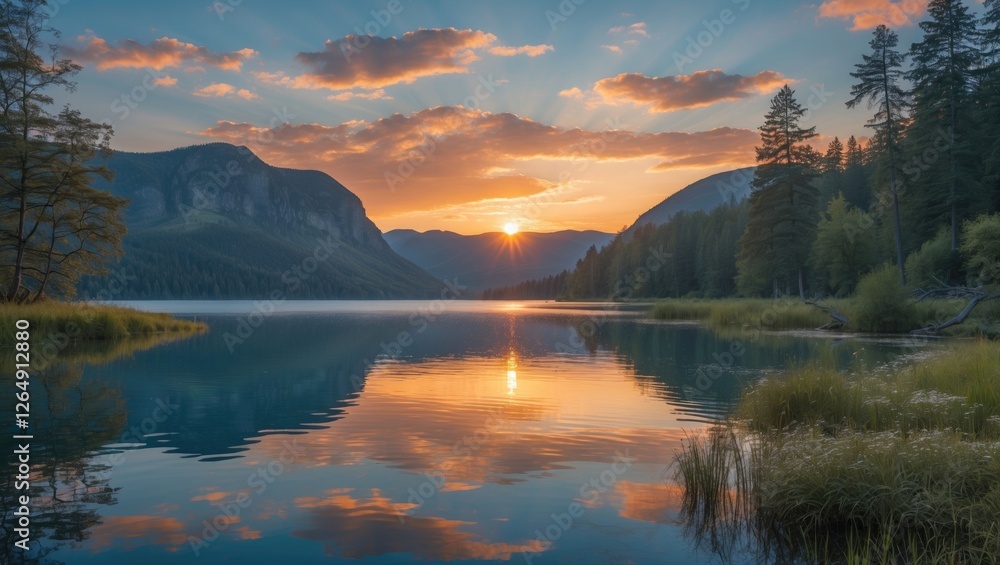 Poster sunset over a tranquil lake surrounded by mountains and trees with reflective water and a colorful s