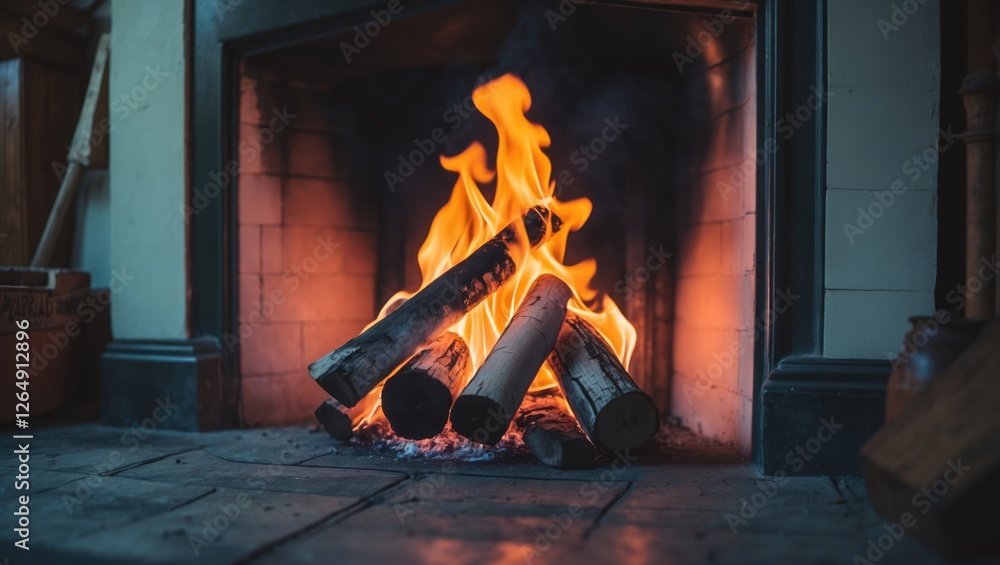 Aufkleber logs burning in fireplace with flames and smoke in cozy indoor setting with stone floor and classic 