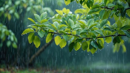 Raindrops on green leaves with blurred background depicting a rainy day in nature with copy space for text.