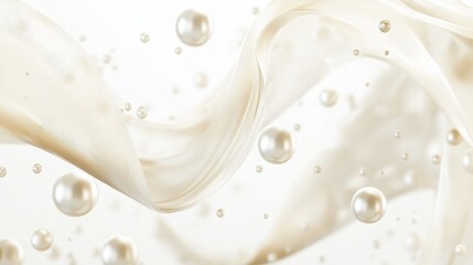 Abstract beige soft spheres and pearls flying in an arc, creating a beautiful pearl wave. Light, airy design with modern elegance, set against a clean white background.