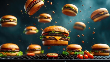 Flying burgers with lettuce, cheese, and tomato on a grill in a dark background with motion effects and copy space for text.