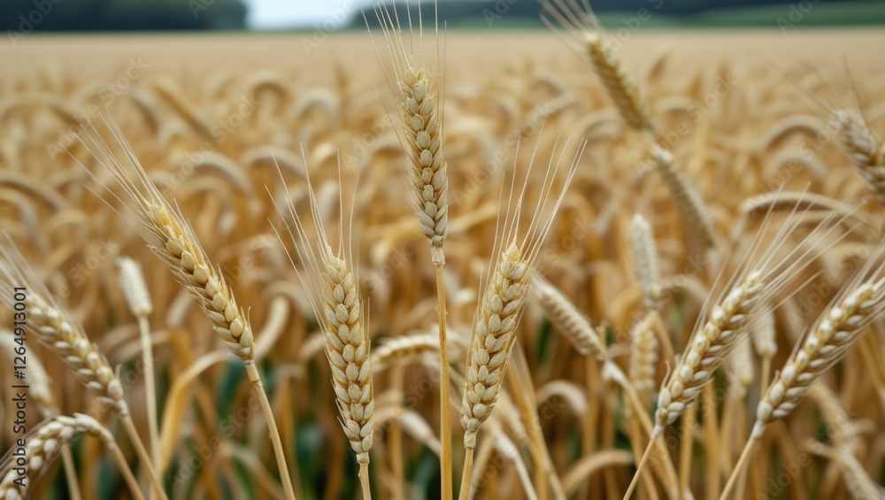 Poster close-up of golden wheat stalks in a field with a blurred background showcasing agricultural landsca