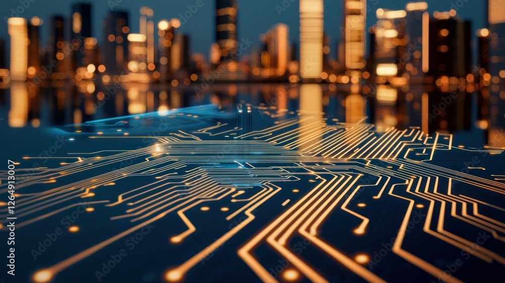 Poster futuristic cityscape reflection with circuit board and technology elements at dusk