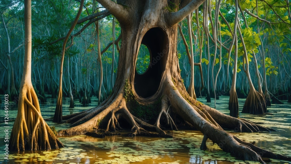 Poster old tree with hollow trunk surrounded by water and mangrove vegetation in a tropical swamp environme