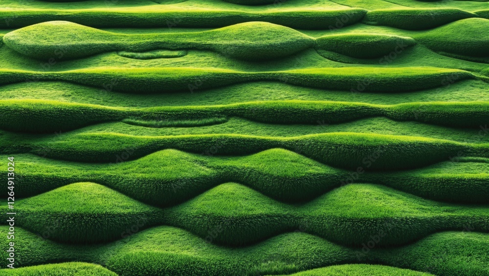 Poster lush green wave pattern of grass or vegetation covering rolling hills with soft textures and gradien