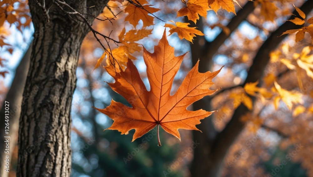Poster Close-up of a vibrant orange maple leaf hanging from a tree branch with blurred autumn foliage in the background Copy Space