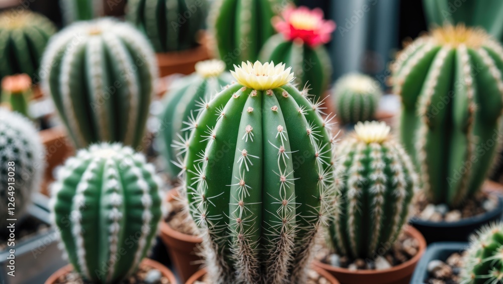 Poster cacti plants with prominent spines and colorful flowers in pots displaying natural textures and gree