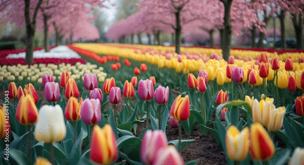 Poster vibrant flower garden with colorful tulips and blossoming cherry trees in spring season with copy sp
