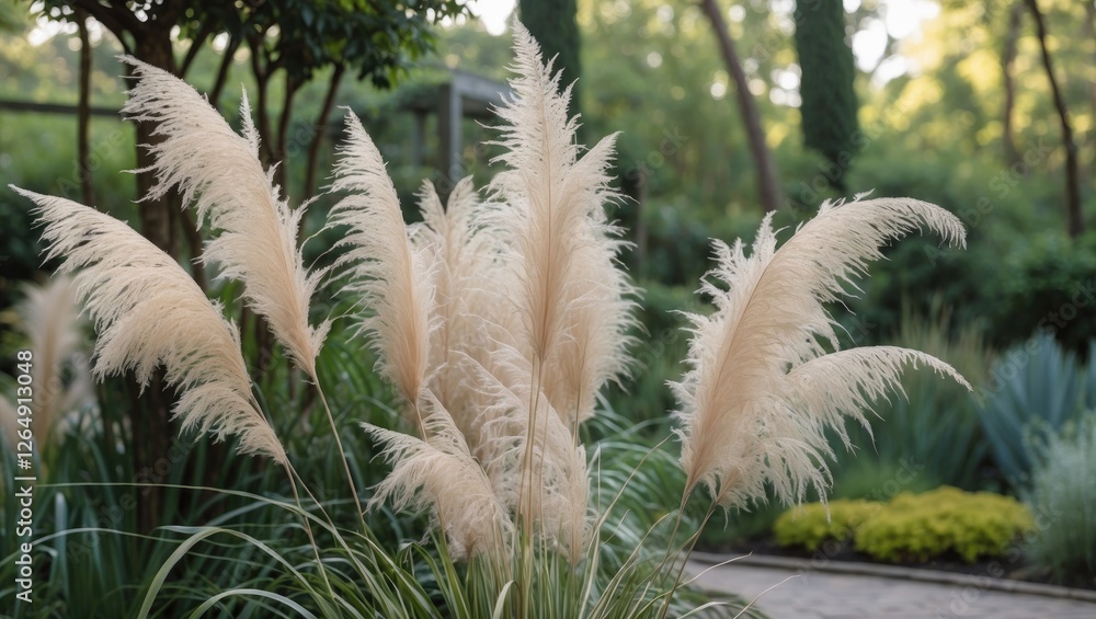 Poster pampas grass in a lush garden setting with blurred background and natural light enhancing the soft t