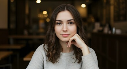 Obraz premium Portrait of a 25 year old woman in a bar, looking at camera