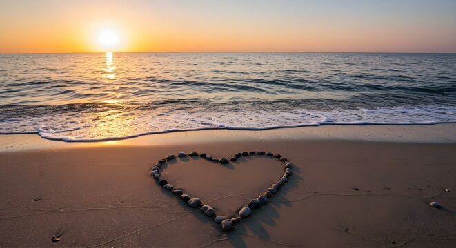 A heart shape in pebbles on a sandy beach with setting sun