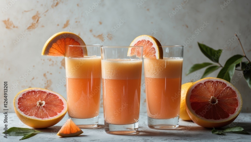 Aufkleber freshly squeezed grapefruit juice in glasses garnished with grapefruit slices and surrounded by whol