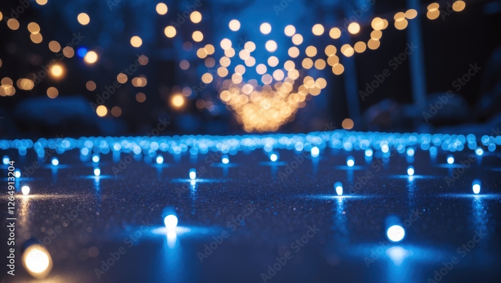Aufkleber Blue LED lights on a reflective surface with blurred warm bokeh background creating a festive ambiance Copy Space