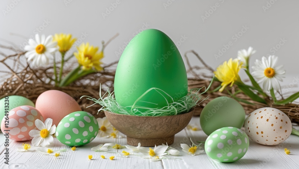 Poster colorful easter eggs arranged with flowers in a rustic setting on white wooden background with copy 
