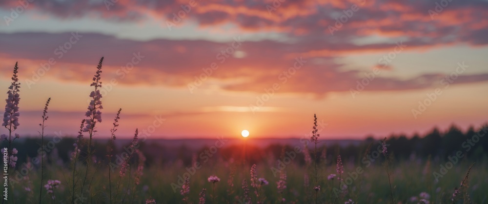 Poster sunset over a field with wildflowers in a rural landscape during twilight hours vibrant colors with 