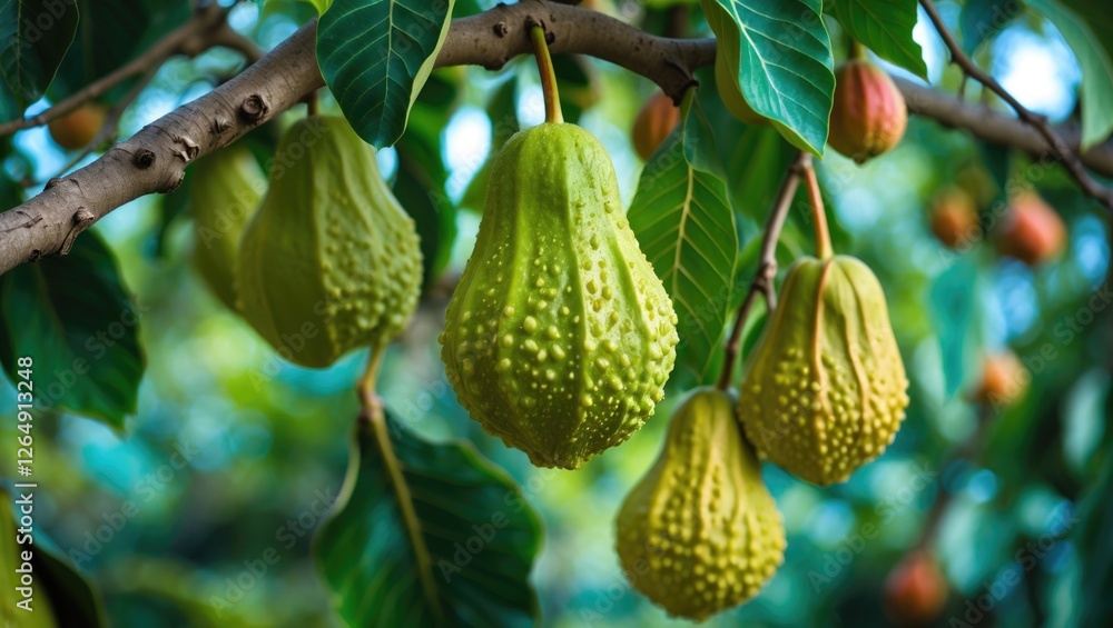 Poster pawpaw fruits hanging from a tree branch surrounded by green leaves in a natural setting providing a