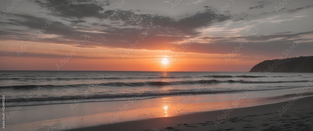 Poster sunset over tranquil ocean waves with reflection on sandy beach and silhouetted coastline in backgro