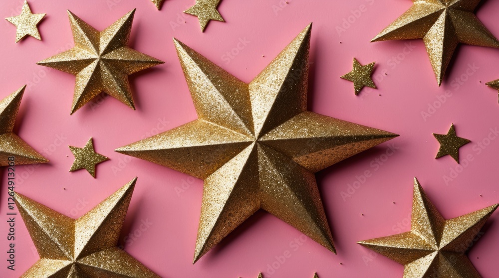 Poster Golden glitter stars on a pink background with varying sizes and shapes featuring Copy Space for text placement