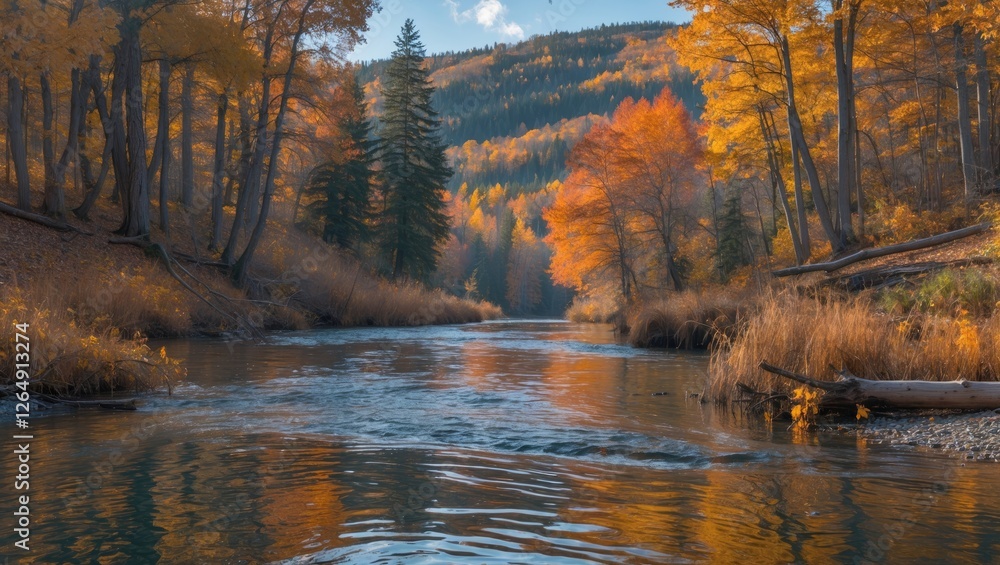 Poster Scenic river surrounded by autumn foliage with colorful trees and mountains in the background reflecting in calm water Copy Space