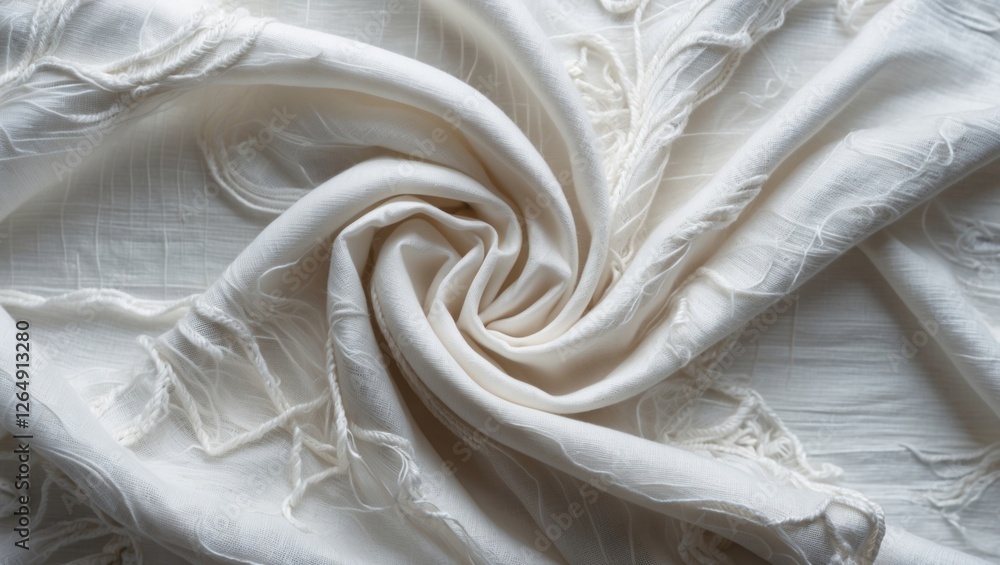 Aufkleber Textured white fabric elegantly twisted in a circular pattern with soft fringes and subtle sheen for design use Copy Space
