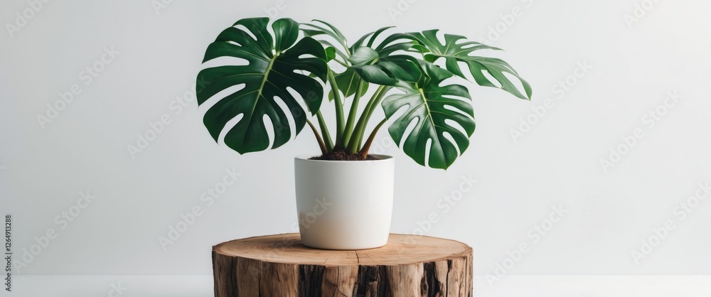 Poster potted monstera plant with large split leaves on a wooden stump against a minimalistic background wi
