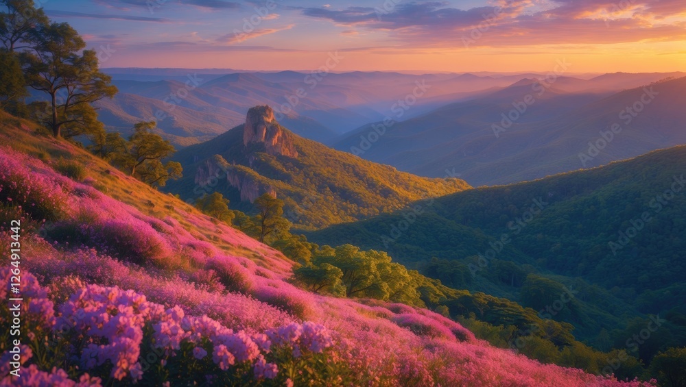 Poster mountain landscape with colorful blooming flowers during sunset with vibrant sky clouds and layered 
