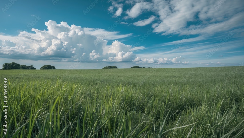 Aufkleber vast green field under a blue sky with fluffy clouds and distant trees in a serene landscape with co