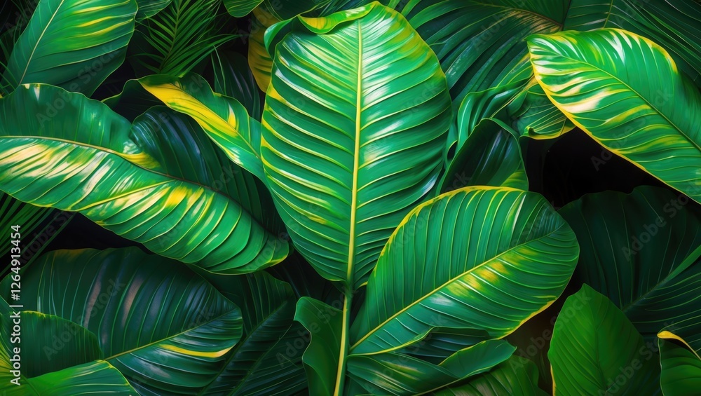Aufkleber Tropical green leaves background with textured patterns and vibrant colors ideal for nature-themed designs and Copy Space for text placement
